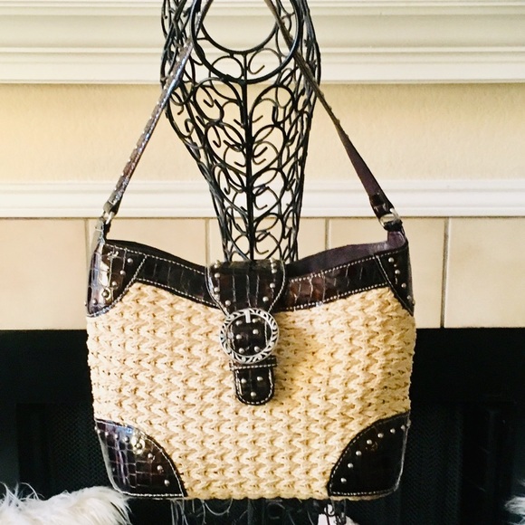 Brighton Straw & Croc Embossed Studded Bag - Picture 7 of 15